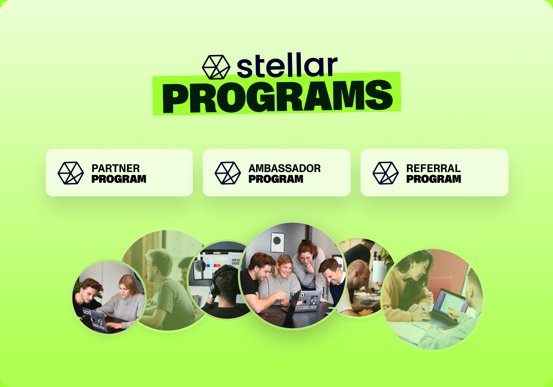 Stellar Programs : les programmes partenaire, ambassadeur et parrainage, au-dessus d’équipes d’agence au travail.