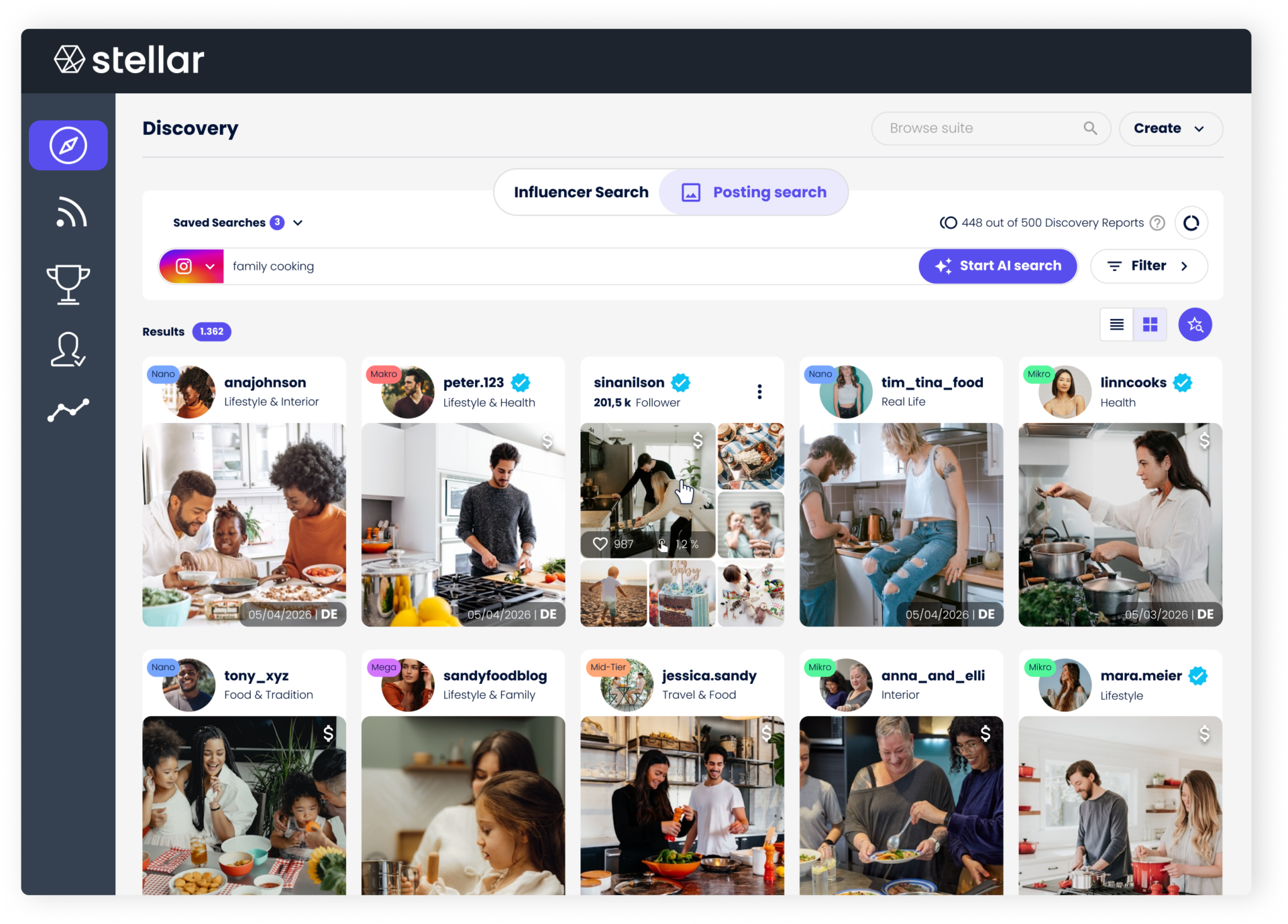 Screenshot of influencer search