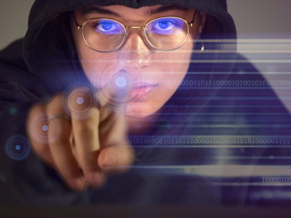 Hologram, cyber woman and touch screen portrait for 3d, futuristic or future technology in digital software. UI screen and hand with information technology of hacker hacking server or database app.