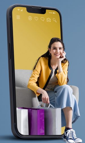 Happy young woman with shopping bags in a smartphone, online shopping and sales concept, blank copy space